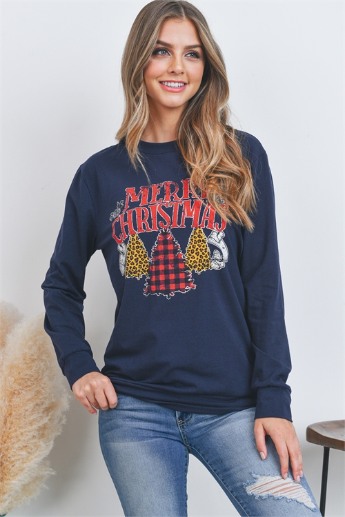 S14-8-1-PPT20507-NV - "MERRY CHRISTMAS" PRINT LONG SLEEVE PULLOVER TOP- NAVY 1-2-2-2