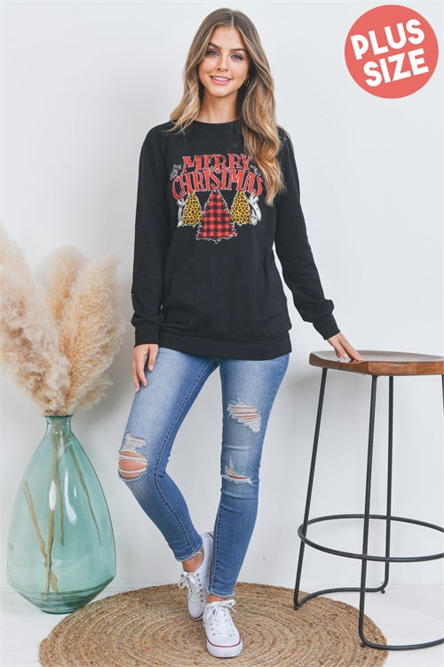 S15-7-3-PPT20507X-BK - PLUS SIZE "MERRY CHRISTMAS" PRINT LONG SLEEVE PULLOVER TOP- BLACK 3-2-1