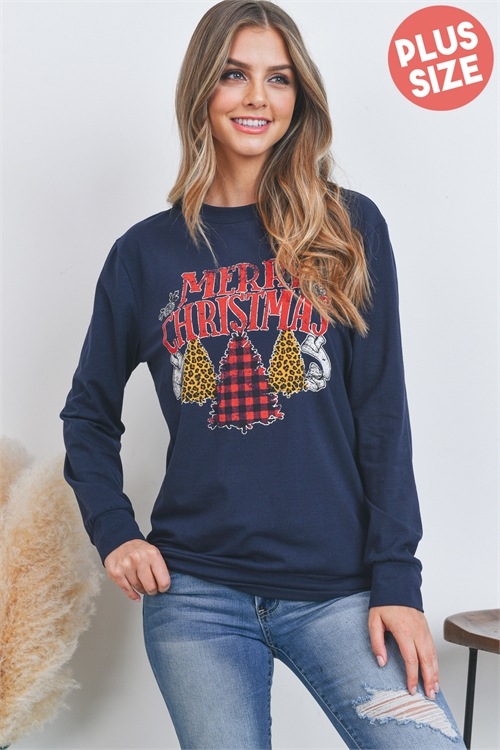 S11-10-1-PPT20507X-NV - PLUS SIZE "MERRY CHRISTMAS" PRINT LONG SLEEVE PULLOVER TOP- NAVY 3-2-1
