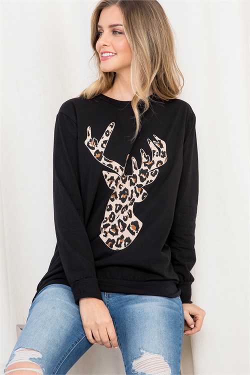 SA3-0-2-PPT20508-BK - LEOPARD MOOSE PRINT LONG SLEEVE TOP- BLACK 1-2-2-2