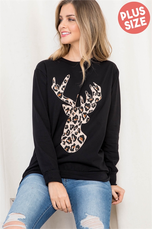 SA3-0-3-PPT20508X-BK - PLUS SIZE LEOPARD MOOSE PRINT LONG SLEEVE TOP- BLACK 3-2-1