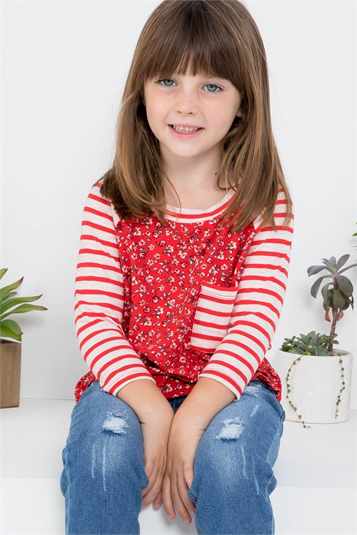 S12-7-3-PPT20510TK-CHRYWNIV -  KIDS STRIPES LONG SLEEVE FLORAL TOP- CHERRY-WINE-IVORY/RED STRIPE 1-1-1-1-1-1-1-1(NOW $4.75 ONLY!)