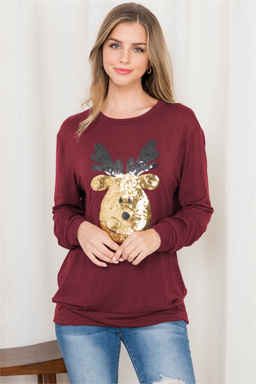 S5-10-1-PPT20512-BU - SEQUIN MOOSE PRINT LONG SLEEVE TOP- BURGUNDY 1-2-2-2