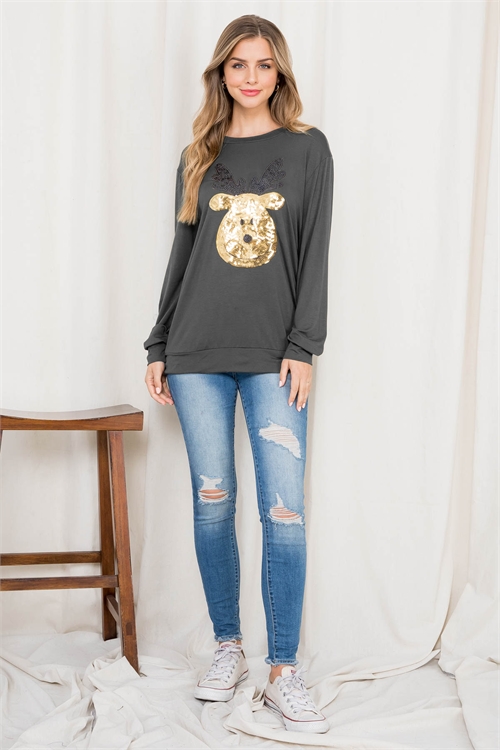 S8-1-3-PPT20512-GY - SEQUIN MOOSE PRINT LONG SLEEVE TOP- GREY 1-2-2-2