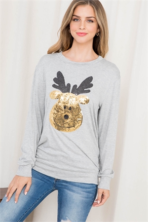 S8-9-2-PPT20512-HG - SEQUIN MOOSE PRINT LONG SLEEVE TOP- HEATHER GREY 1-2-2-2