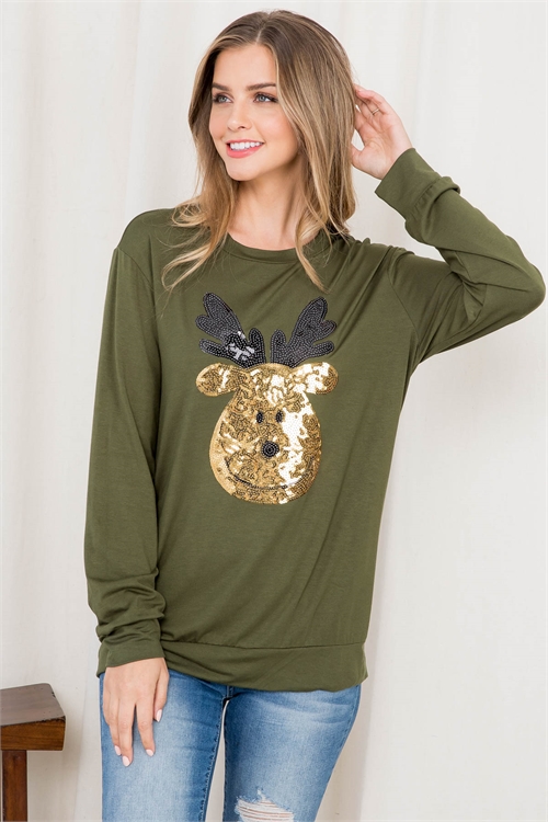 S7-7-3-PPT20512-OV - SEQUIN MOOSE PRINT LONG SLEEVE TOP- OLIVE 1-2-2-2