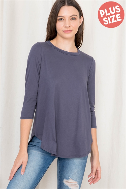 S10-9-3-PPT20514X-CHL-1 - PLUS SIZE DOLPHIN HEM QUARTER SLEEVE SOLID TOP- CHARCOAL 2-2-1