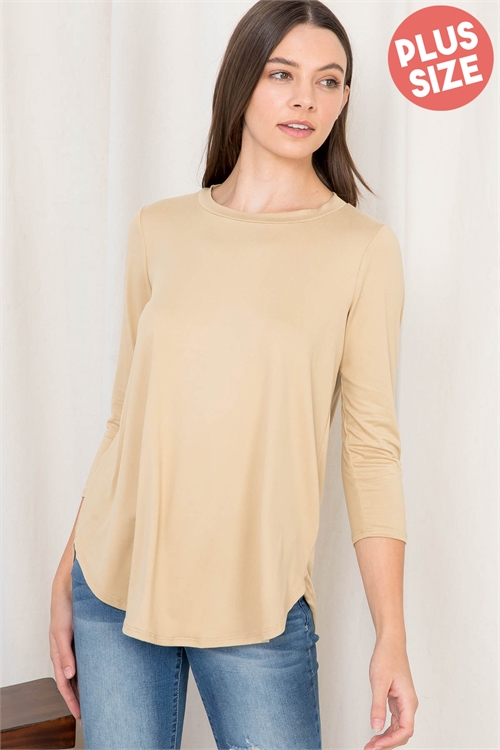 S10-9-3-PPT20514X-TP-1 - PLUS SIZE DOLPHIN HEM QUARTER SLEEVE SOLID TOP- TAUPE 2-2-1