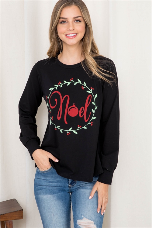 S11-14-3-PPT20516-BK - "NOEL" PRINT ROUND NECK LONG SLEEVE TOP- BLACK 1-2-2-2