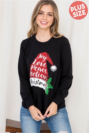 SA3-7-2-PPT20518X-BK - PLUS SIZE SANTA HAT PRINT LONG SLEEVE TOP- BLACK 3-2-1