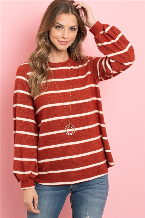 S8-13-1-PPT2052-RSTWT-1 - STRIPED LONG SLEEVED ROUND NECK SWING TOP- RUST/WHITE 0-2-2-2