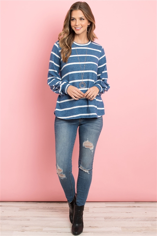 S4-3-2-PPT2052-TLWT - STRIPED LONG SLEEVED ROUND NECK SWING TOP- TEAL/WHITE 1-2-2-2