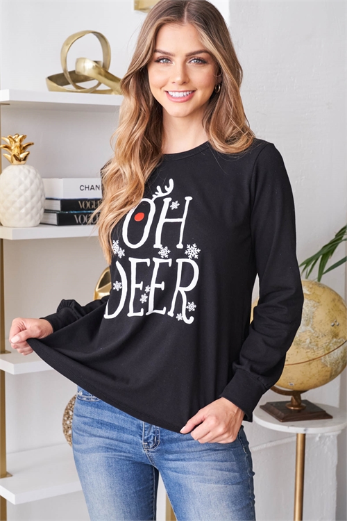 S14-1-2-PPT20520-BK - "OH DEER" PRINT LONG SLEEVE TOP- BLACK 1-2-2-2