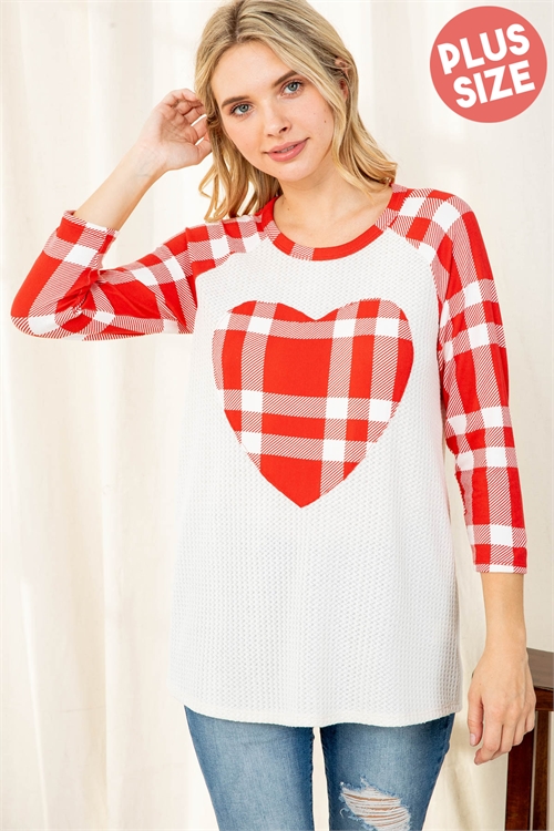 C78-B-PPT20521X-IVRDOFW-A - PLUS SIZE PLAID HEART PRINT QUARTER SLEEVE WAFFLE TOP- IVORY/RED-OFF-WHITE 1-0-1-0