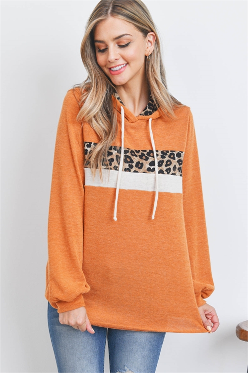 SA4-0-2-PPT20529-PMPBWNBKCRM - LEOPARD CONTRAST LONG SLEEVE HOODIE WITH SELF TIE- PUMPKIN/BROWN-BLACK/CREAM 1-2-2-2