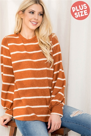 S8-4-3-PPT2052X-CMLWT - PLUS SIZE STRIPED LONG SLEEVED ROUND NECK SWING TOP- CAMEL-WHITE 3-2-1