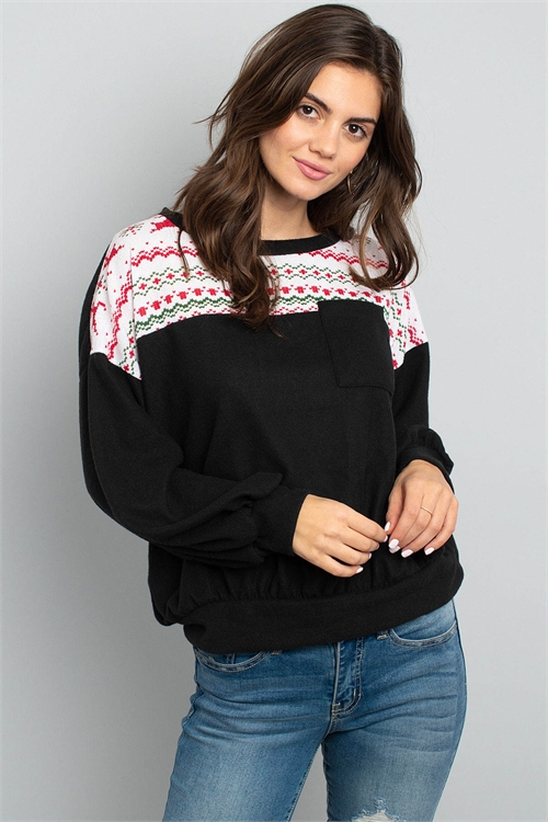 S11-17-4-PPT2053-BKWT - PUFF SLEEVED KNIT CONTRAST BRUSHED HACCI SWEATER- BLACK/WHITE 1-2-2-2