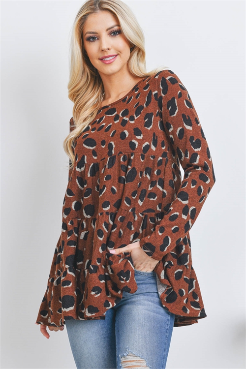 S5-9-1-PPT20531-BWN - LEOPARD LONG SLEEVE LAYERED SHIRRING TOP- BROWN 1-2-2-2