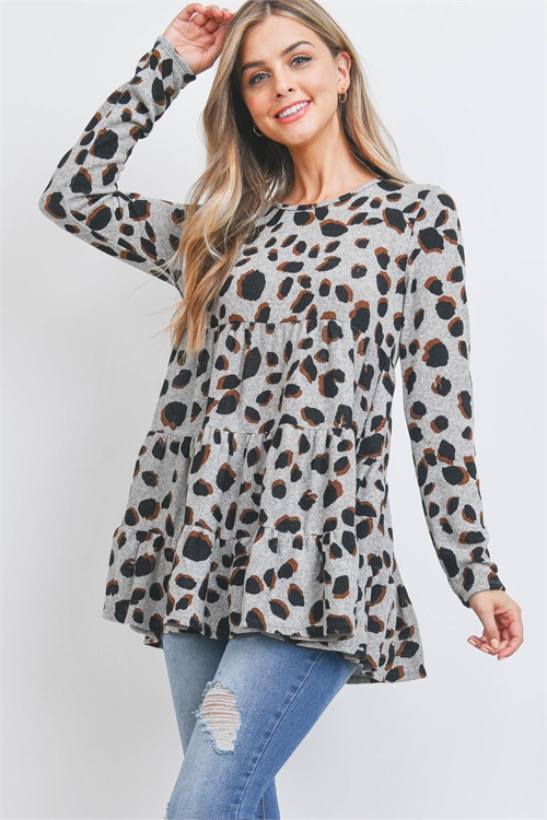 S16-8-3-PPT20531-GY-1 - LEOPARD LONG SLEEVE LAYERED SHIRRING TOP- GREY 0-2-2-1