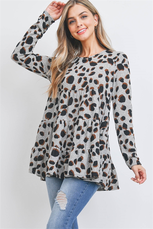 S8-9-4-PPT20531-GY - LEOPARD LONG SLEEVE LAYERED SHIRRING TOP- GREY 1-2-2-2