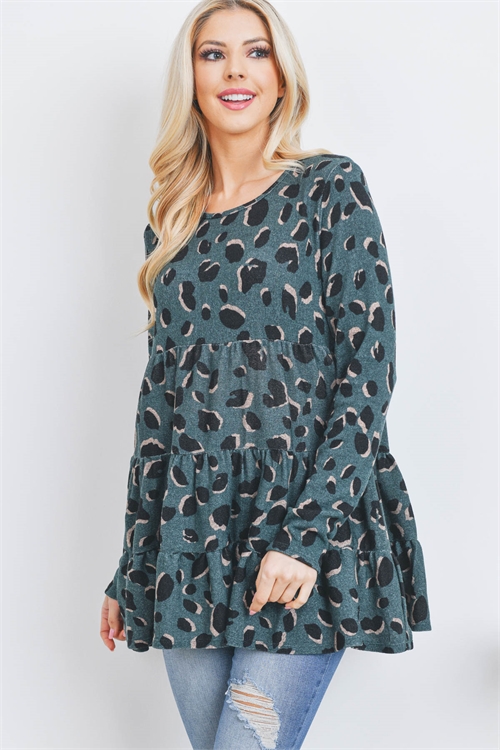 S6-8-1-PPT20531-TL - LEOPARD LONG SLEEVE LAYERED SHIRRING TOP- TEAL 1-2-2-2