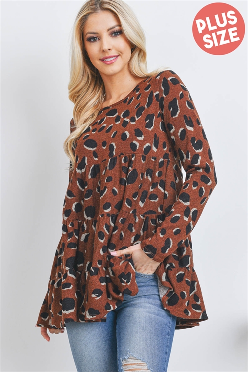 S16-6-3-PPT20531X-BWN - PLUS SIZE LEOPARD LONG SLEEVE LAYERED SHIRRING TOP- BROWN 3-2-1