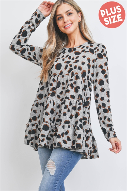 S16-6-3-PPT20531X-GY - PLUS SIZE LEOPARD LONG SLEEVE LAYERED SHIRRING TOP- GREY 3-2-1