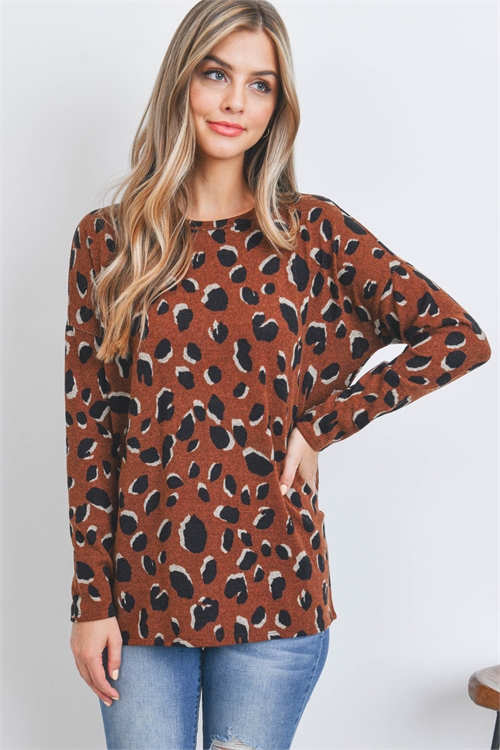 S11-15-5-PPT20532-BWN-1 - LEOPARD LONG SLEEVE ROUND NECK TOP- BROWN 0-2-2-1