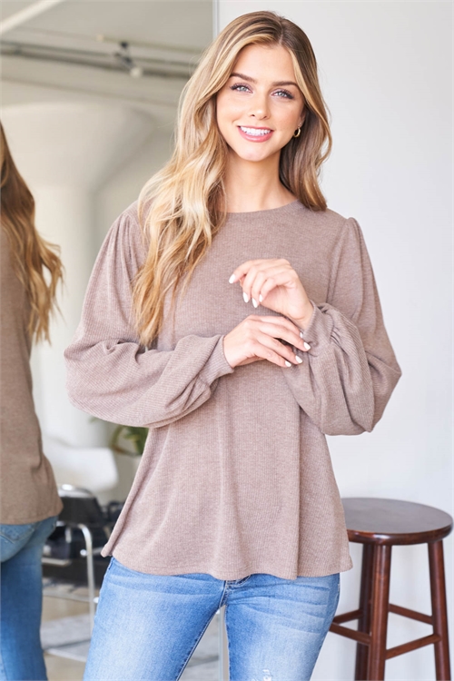 S9-7-4-PPT20533-MC-1 - PUFF SLEEVE ROUND NECK BELLA RIB TOP- MOCHA 0-2-1-1