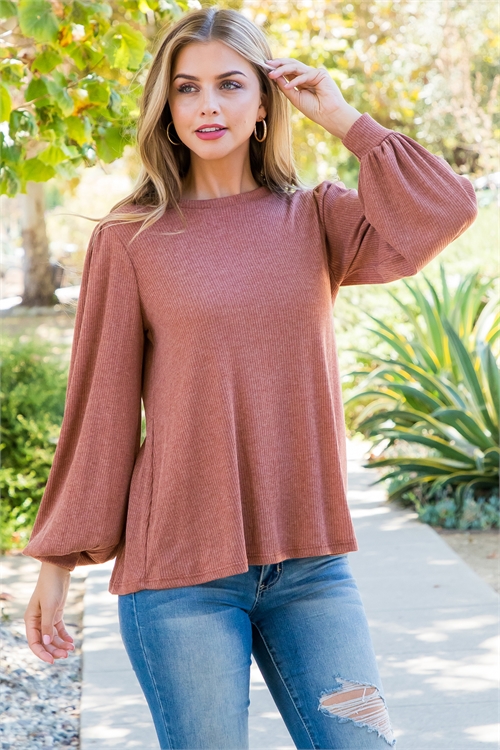 S11-15-3-PPT20533-RU - PUFF SLEEVE ROUND NECK BELLA RIB TOP- RUST 1-2-2-2