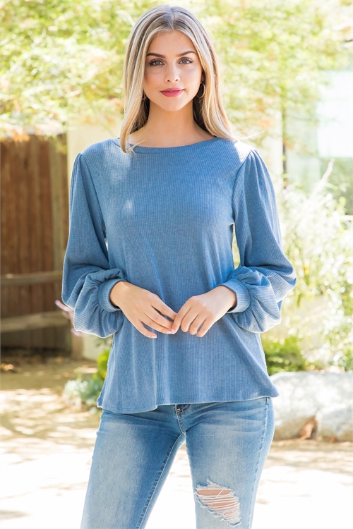 S11-14-2-PPT20533-TLBL - PUFF SLEEVE ROUND NECK BELLA RIB TOP- TEAL BLUE 1-2-2-2