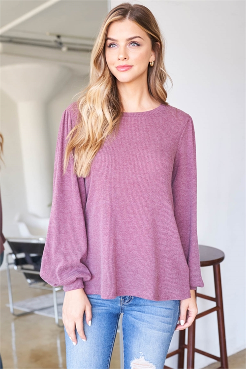 S11-9-5-PPT20533-WN-2 - PUFF SLEEVE ROUND NECK BELLA RIB TOP- WINE 0-2-1-3