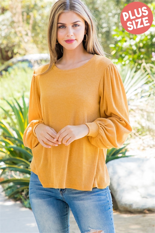 S13-11-4-PPT20533X-MU-1 - PLUS SIZE PUFF SLEEVE ROUND NECK BELLA RIB TOP- MUSTARD 2-2-1