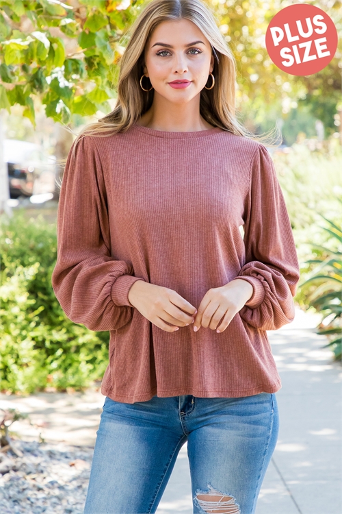 S5-10-4-PPT20533X-RU - PLUS SIZE PUFF SLEEVE ROUND NECK BELLA RIB TOP- RUST 3-2-1 (NOW $9.75 ONLY!)