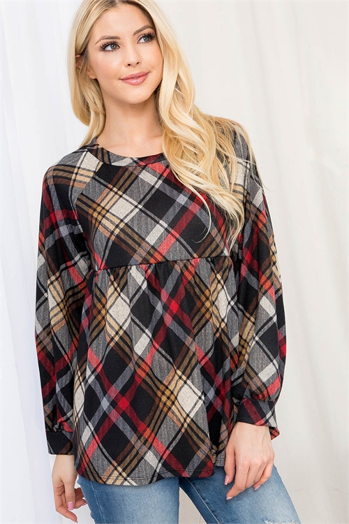 S10-12-3-PPT20538-BKKHKRD-1 - PLAID PUFF SLEEVE SHIRRING TOP- BLACK-KHAKI-RED 0-3-0-0