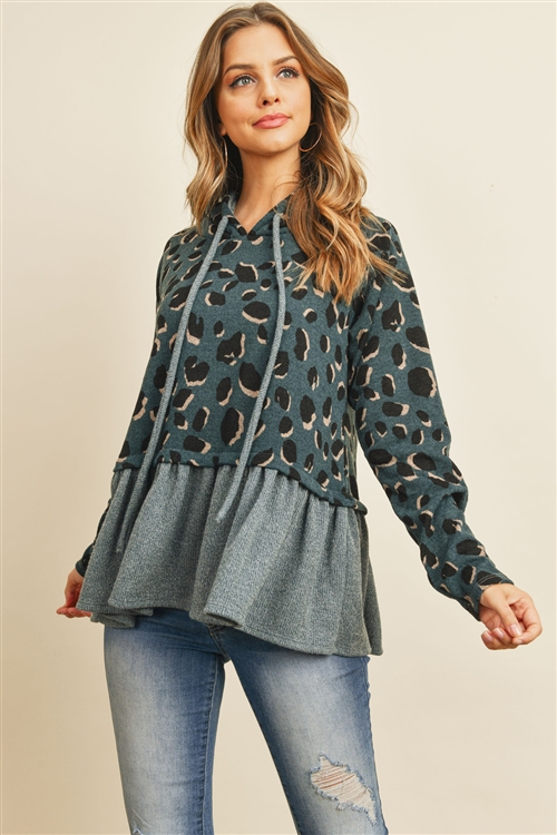 S10-9-4-PPT2054-TLIDG - LEOPARD SOLID CINCH RUFFLE HEM HOODIE WITH SELF TIE- TEAL/INDIGO 1-2-2-2