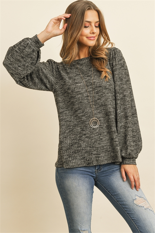 S7-1-1-PPT20540-BKCHB - WAFFLE BRUSHED PUFF SLEEVED ROUND NECK TOP- BLACK CHAMBRAY 1-2-2-2
