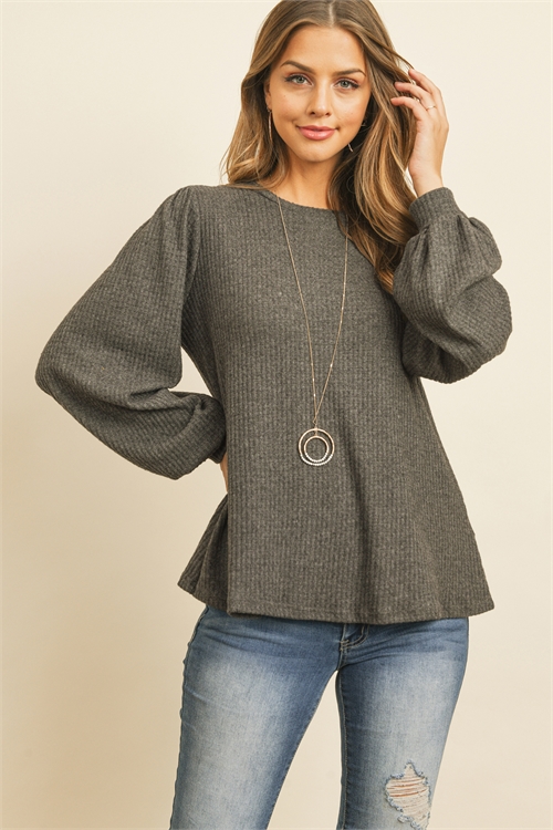 SA4-00-2-PPT20540-CHL - WAFFLE BRUSHED PUFF SLEEVED ROUND NECK TOP- CHARCOAL 1-2-2-2