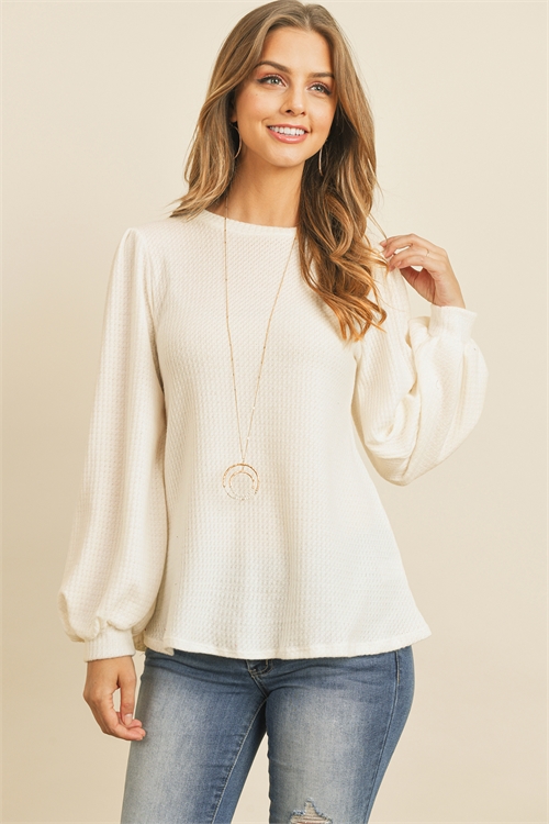 S10-17-4-PPT20540-CRM-1 - WAFFLE BRUSHED PUFF SLEEVED ROUND NECK TOP- CREAM 0-0-2-2