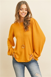 S9-3-4-PPT20540-MU - WAFFLE BRUSHED PUFF SLEEVED ROUND NECK TOP- MUSTARD 1-2-2-2