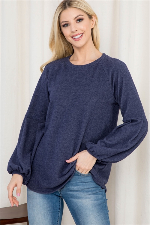 S10-15-5-PPT20546-HNV-1 - PUFF SLEEVE ROUND NECK CASHMERE TOP- H. NAVY 0-2-2-2