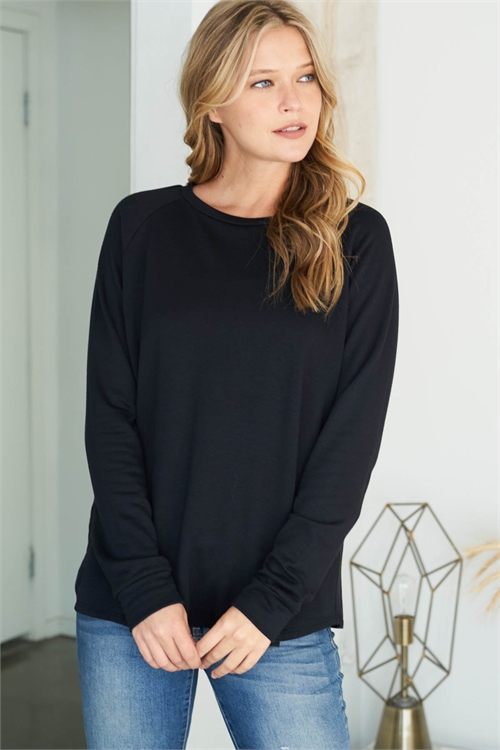 S10-2-2-PPT2055-BK - FLEECED SOLID FRENCH TERRY ROUND NECK LONG SLEEVED TOP- BLACK 1-2-2-2