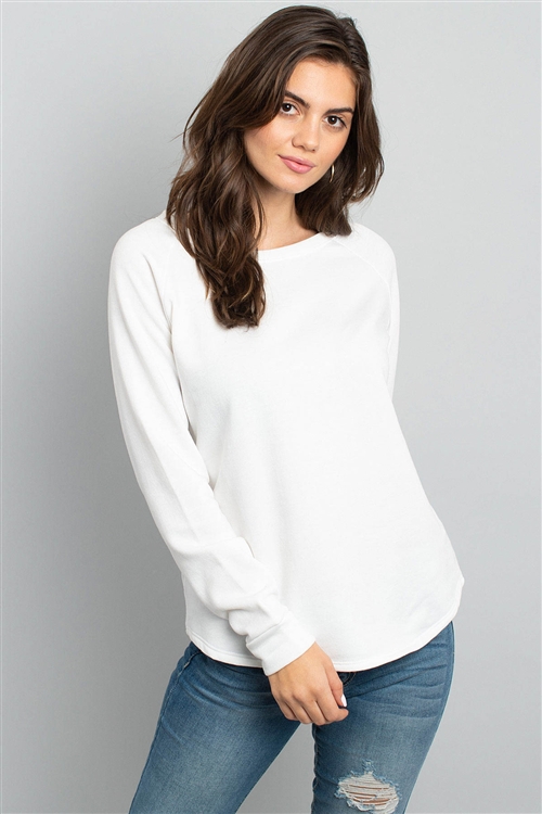 S14-2-3-PPT2055-IV - FLEECED SOLID FRENCH TERRY ROUND NECK LONG SLEEVED TOP- IVORY 1-2-2-2