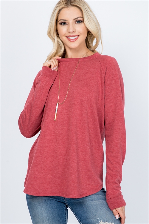 S8-11-1-PPT2055-MAR-1 - FLEECED SOLID FRENCH TERRY ROUND NECK LONG SLEEVED TOP- MARSALA 0-2-2-1
