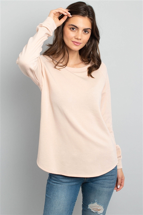 S10-6-3-PPT2055-TP - FLEECED SOLID FRENCH TERRY ROUND NECK LONG SLEEVED TOP- TAUPE 1-2-2-2