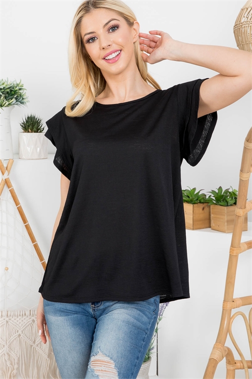 S4-10-3-PPT20552-BK-1 - LAYERED RUFFLE SLEEVE ROUND NECK TOP- BLACK 1-1-2-2