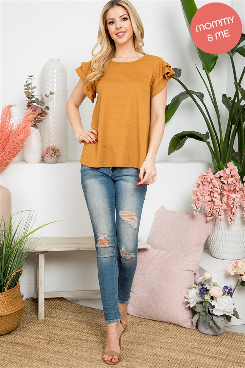 S13-4-1-PPT20552-MU - LAYERED RUFFLE SLEEVE ROUND NECK TOP- MUSTARD 1-2-2-2