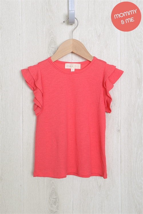 C66-B-PPT20552TK-DPCRL-A - KIDS LAYERED RUFFLE SLEEVE ROUND NECK TOP- DEEP CORAL 0-1-0-0-0-0-0-0