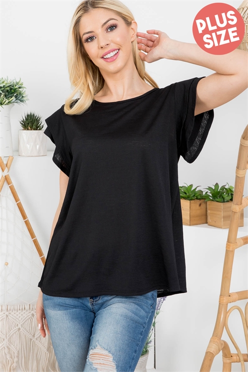 S4-1-1-PPT20552X-BK - PLUS SIZE LAYERED RUFFLE SLEEVE ROUND NECK TOP- BLACK 3-2-1