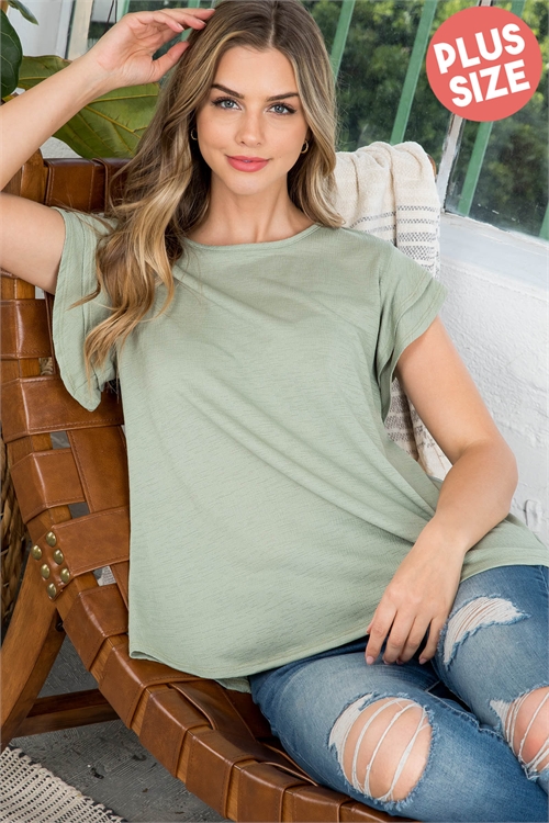 S4-2-2-PPT20552X-SG - PLUS SIZE LAYERED RUFFLE SLEEVE ROUND NECK TOP- SAGE 3-2-1